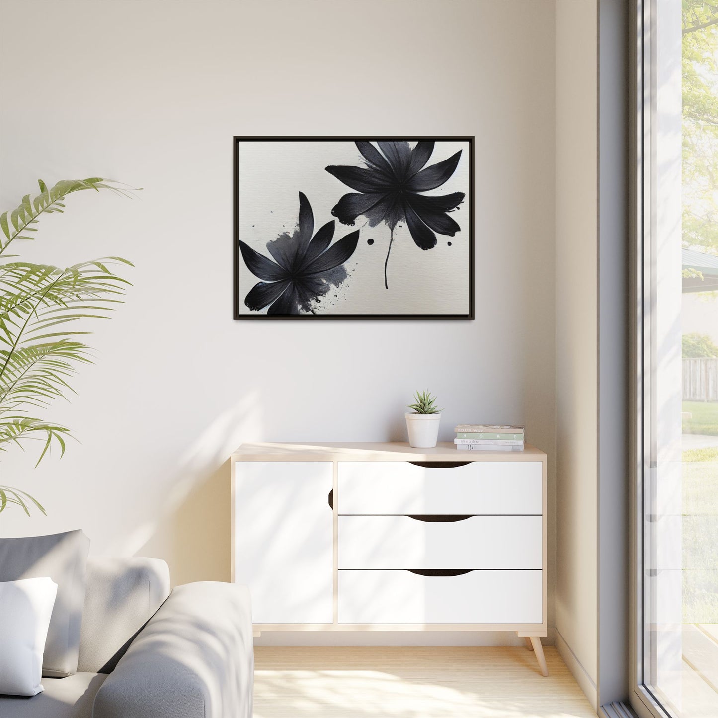 Framed Black Floral Matte Canvas Wall Art — Monochrome Botanical Print