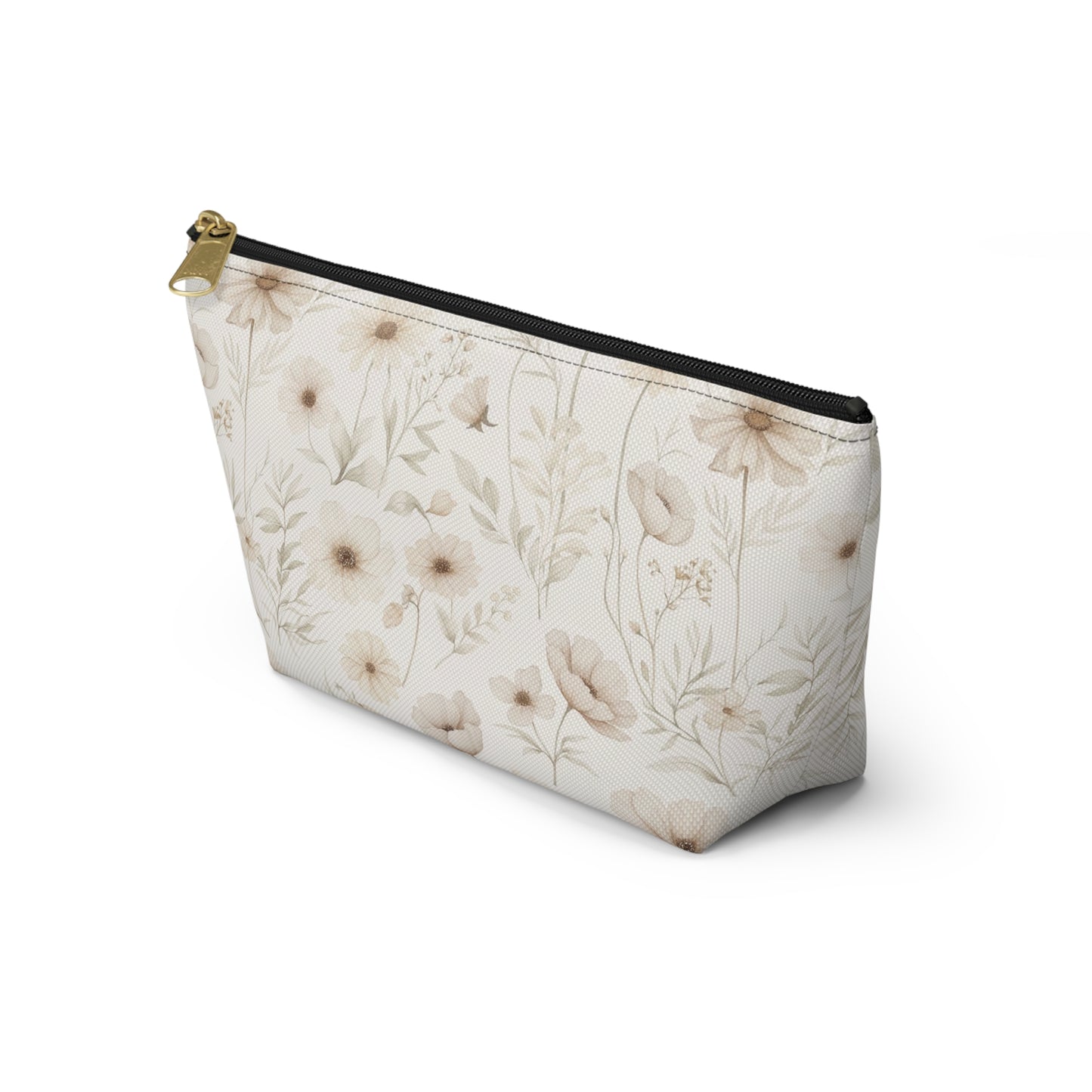 Floral Toile Accessory Pouch — Neutral Vintage Flower Cosmetic Bag