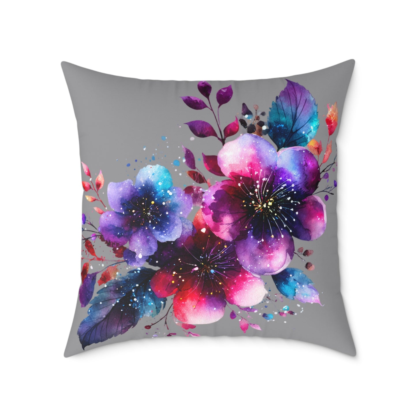 Floral Galaxy Pillow — Vibrant Watercolor Flower Square Pillow