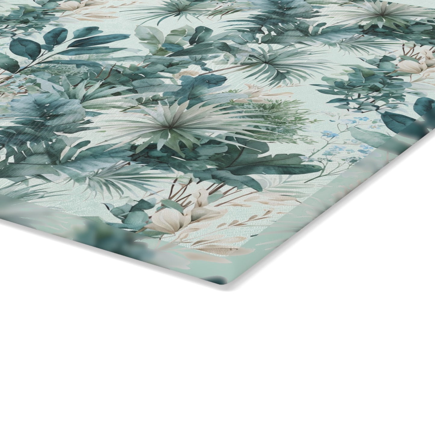 Botanical Glass Cutting Board - Teal Tropical Palm Pattern