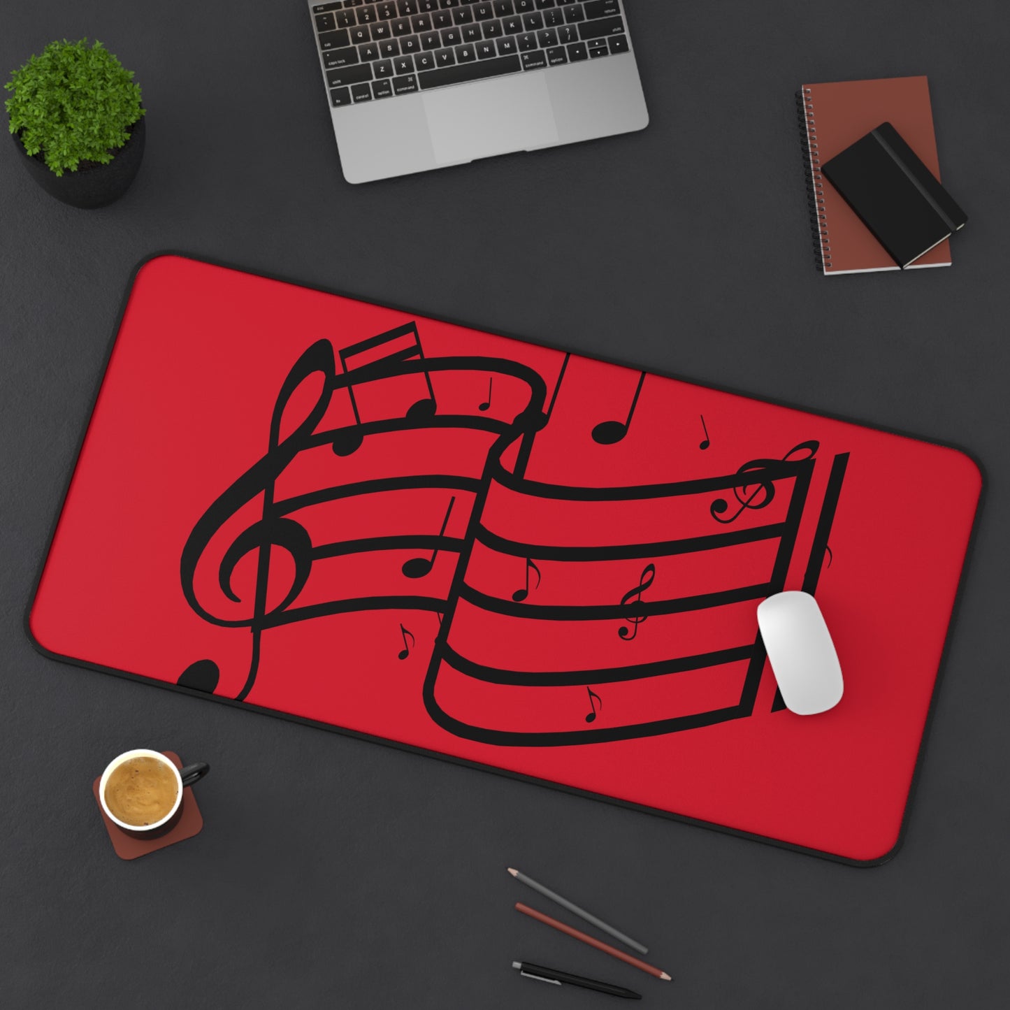 Music Notes Red Desk Mat – Musical Staff Mouse Pad for Musicians & Home Office