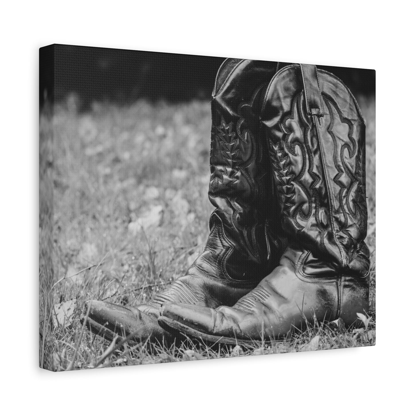 Western Cowboy Boots Matte Canvas Wall Art – Black & White Rustic Country Decor