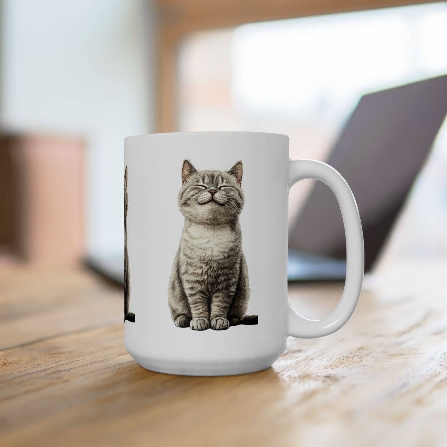 Smiling Grey Tabby Cat Ceramic Mug — Cute Cat Lover Coffee Cup (11oz & 15oz)