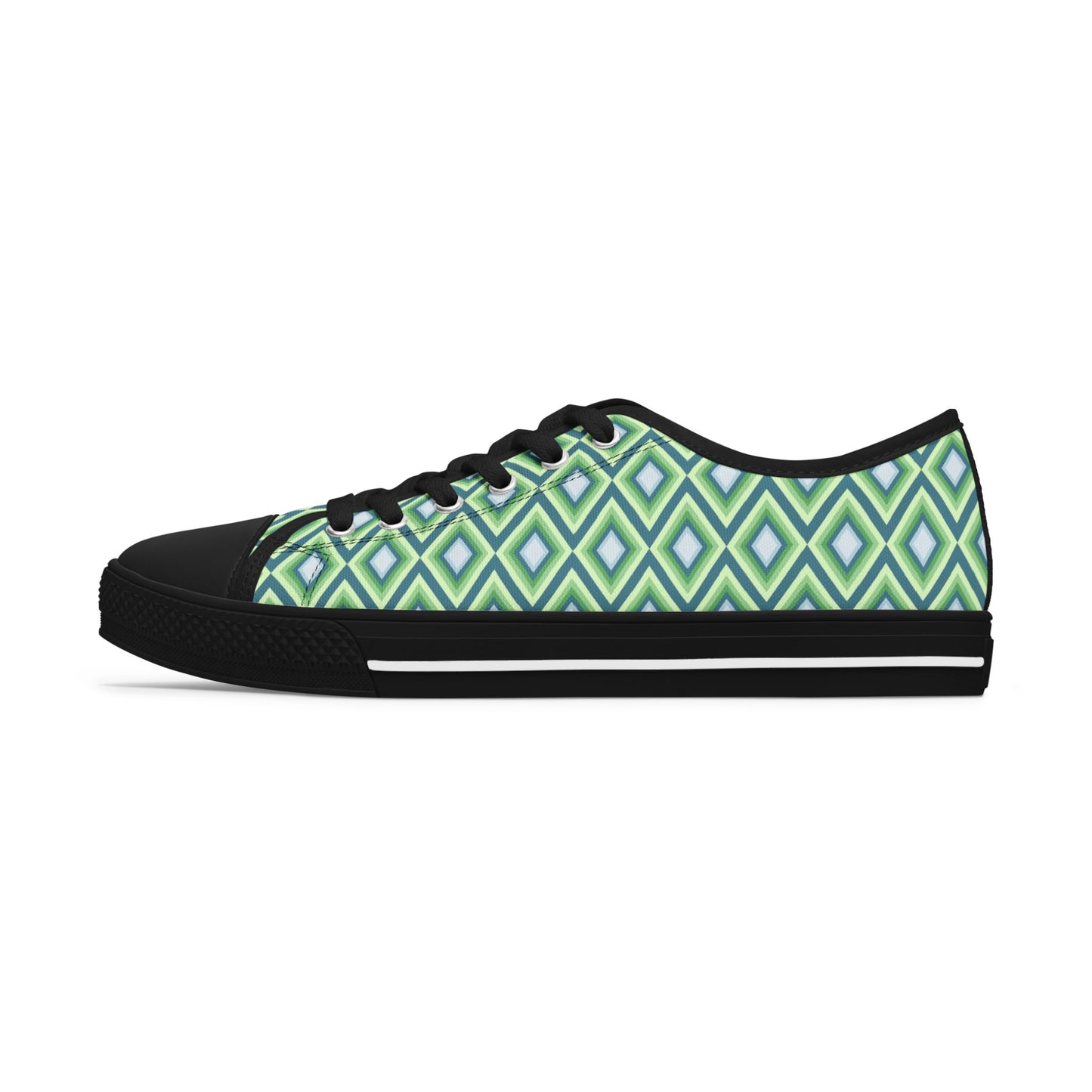 Green Geometric Diamond Pattern Women's Low Top Sneakers — Casual Retro Graphic Tennis Shoes