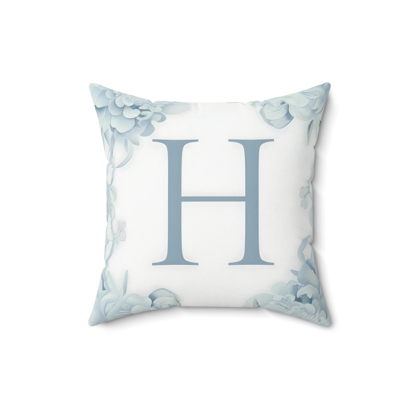 Monogram H Floral Throw Pillow — Blue Initial Accent Cushion