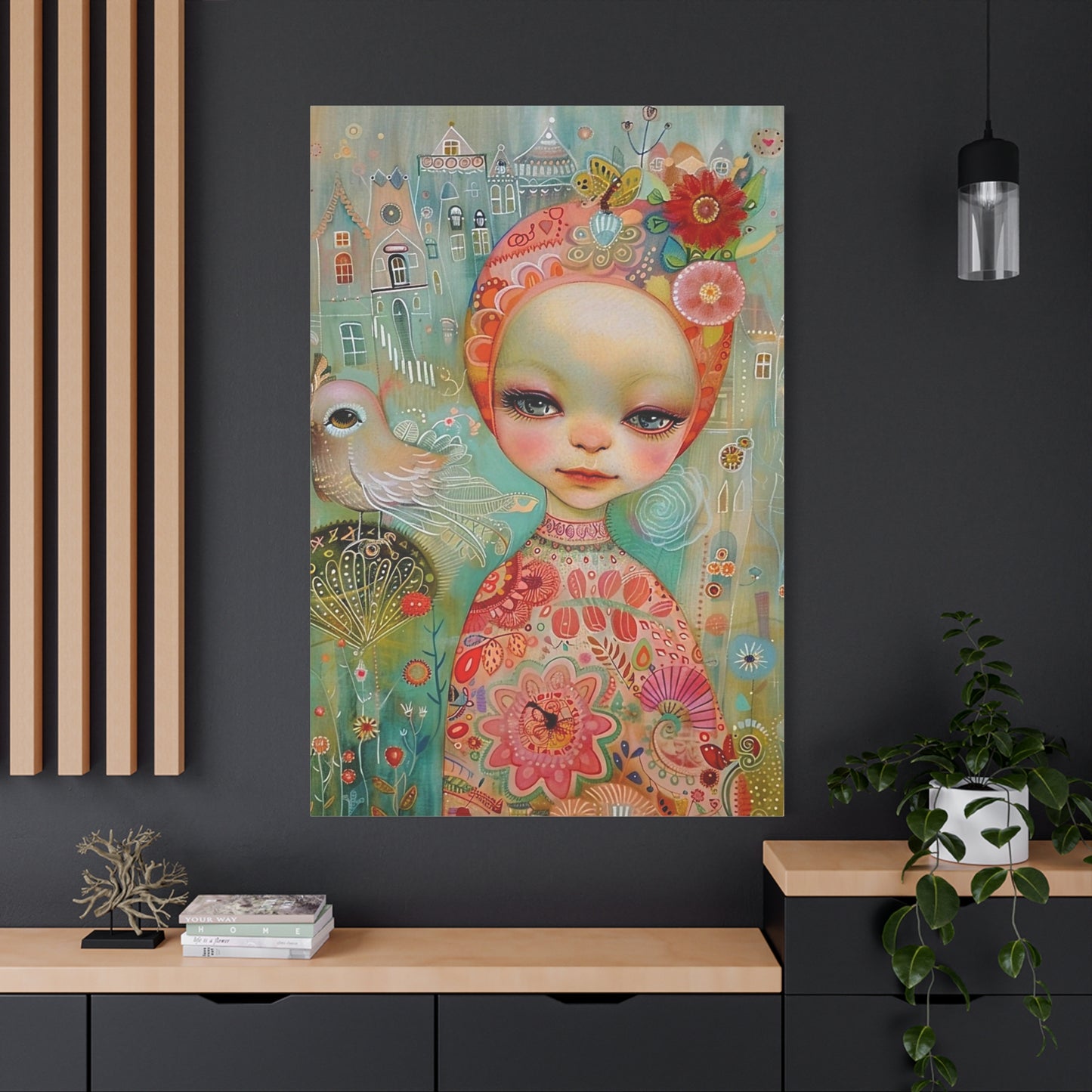 Whimsical Girl & Bird Matte Canvas Wall Art — Stretched Decorative Painting