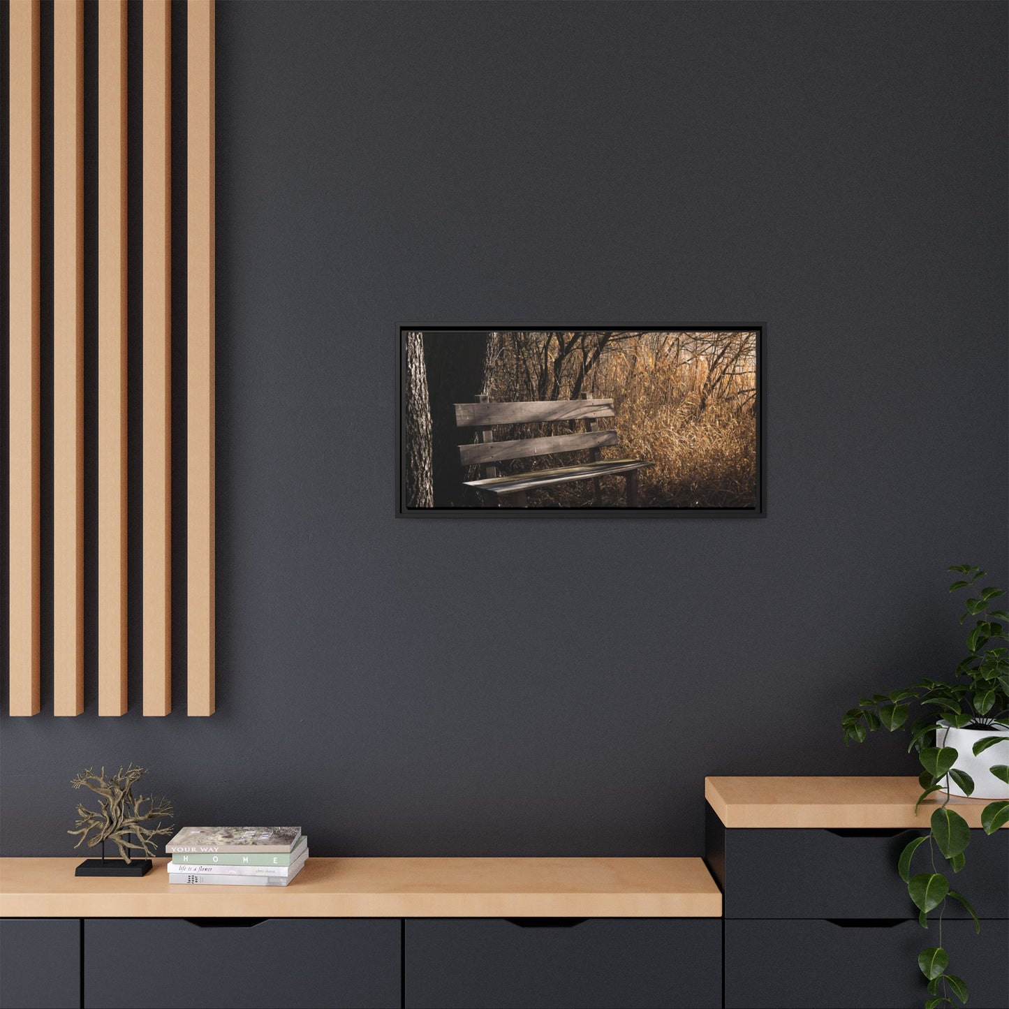 Framed Matte Canvas Print — Autumn Park Bench Photography