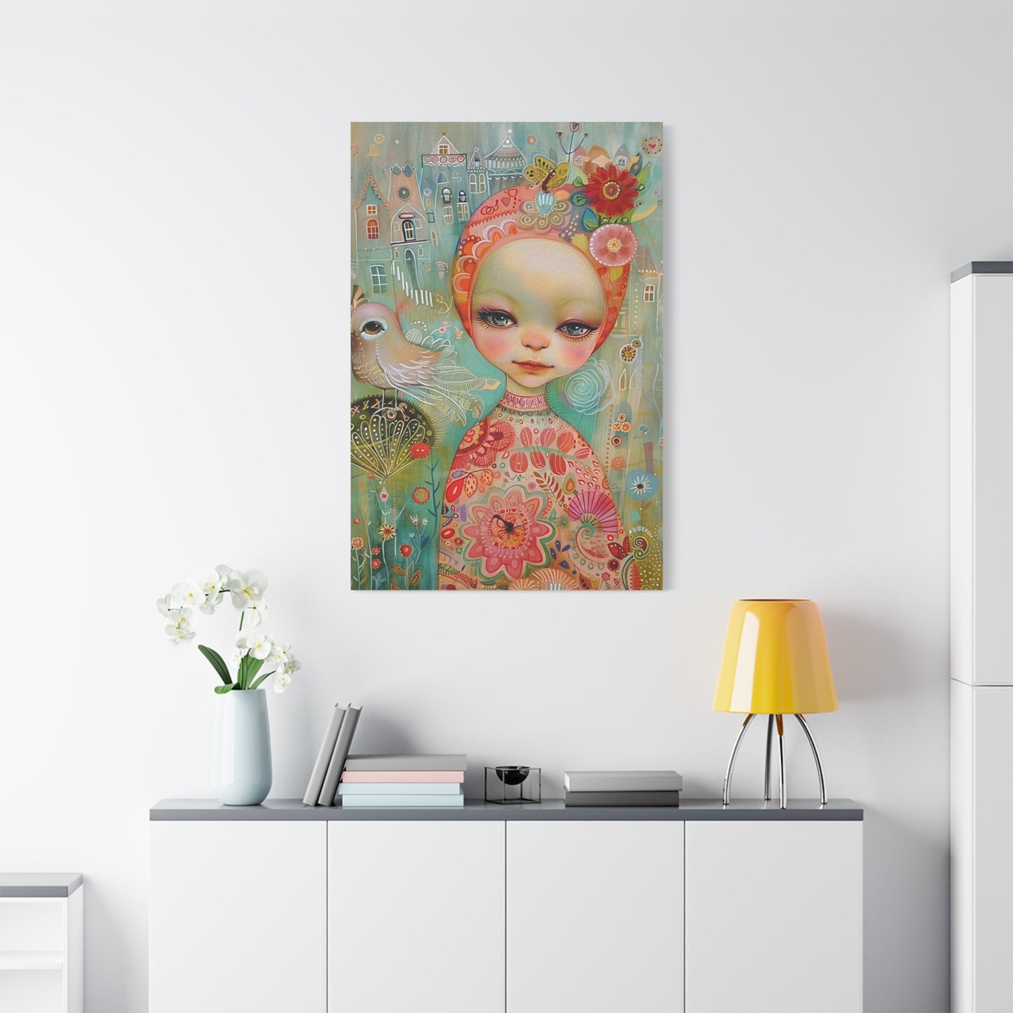 Whimsical Girl & Bird Matte Canvas Wall Art — Stretched Decorative Painting