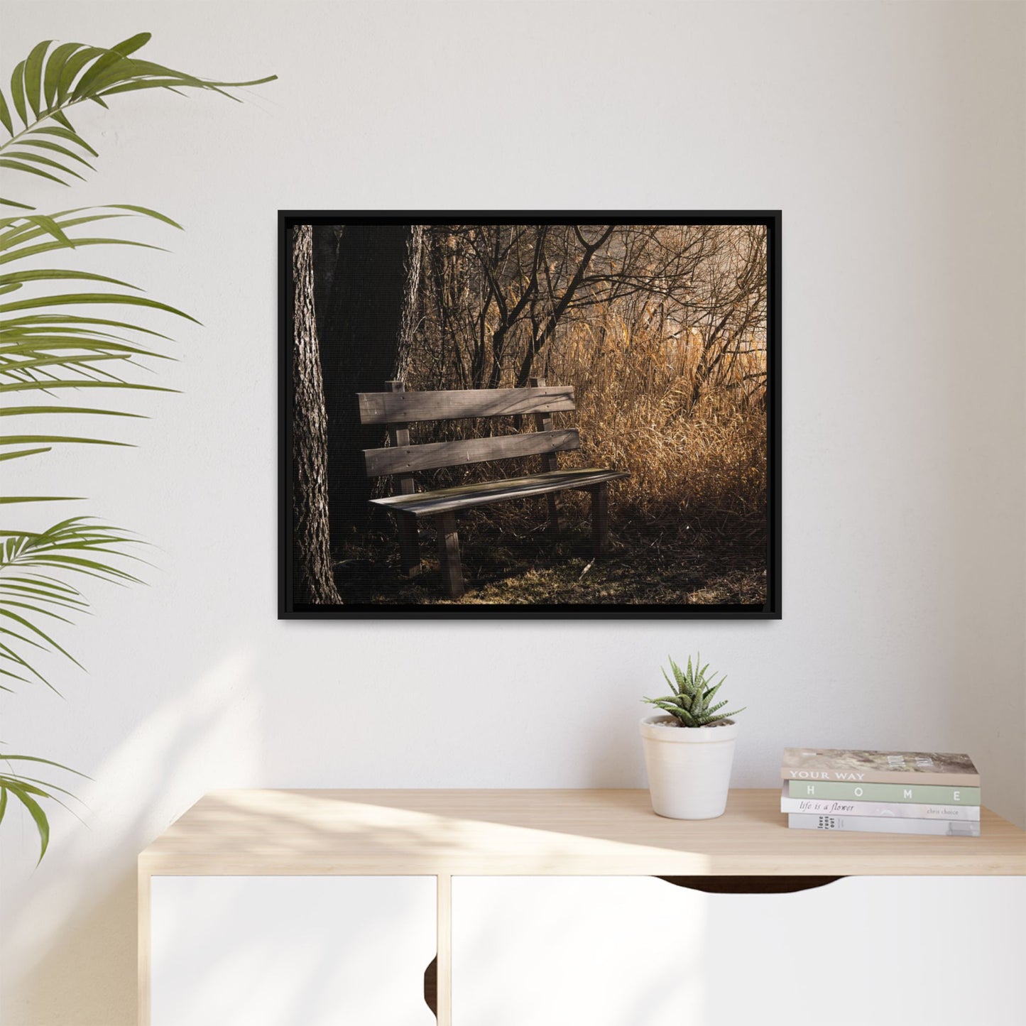 Framed Matte Canvas Print — Autumn Park Bench Photography