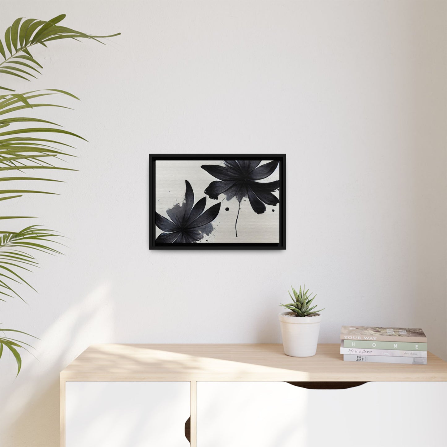 Framed Black Floral Matte Canvas Wall Art — Monochrome Botanical Print