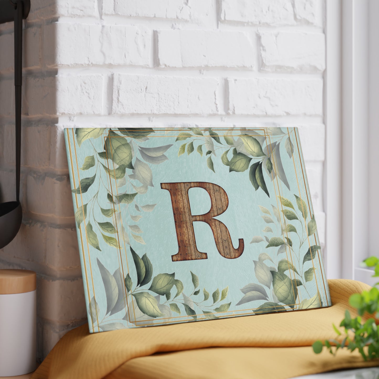 Monogram Glass Cutting Board — Rustic Wood “R” with Greenery Border