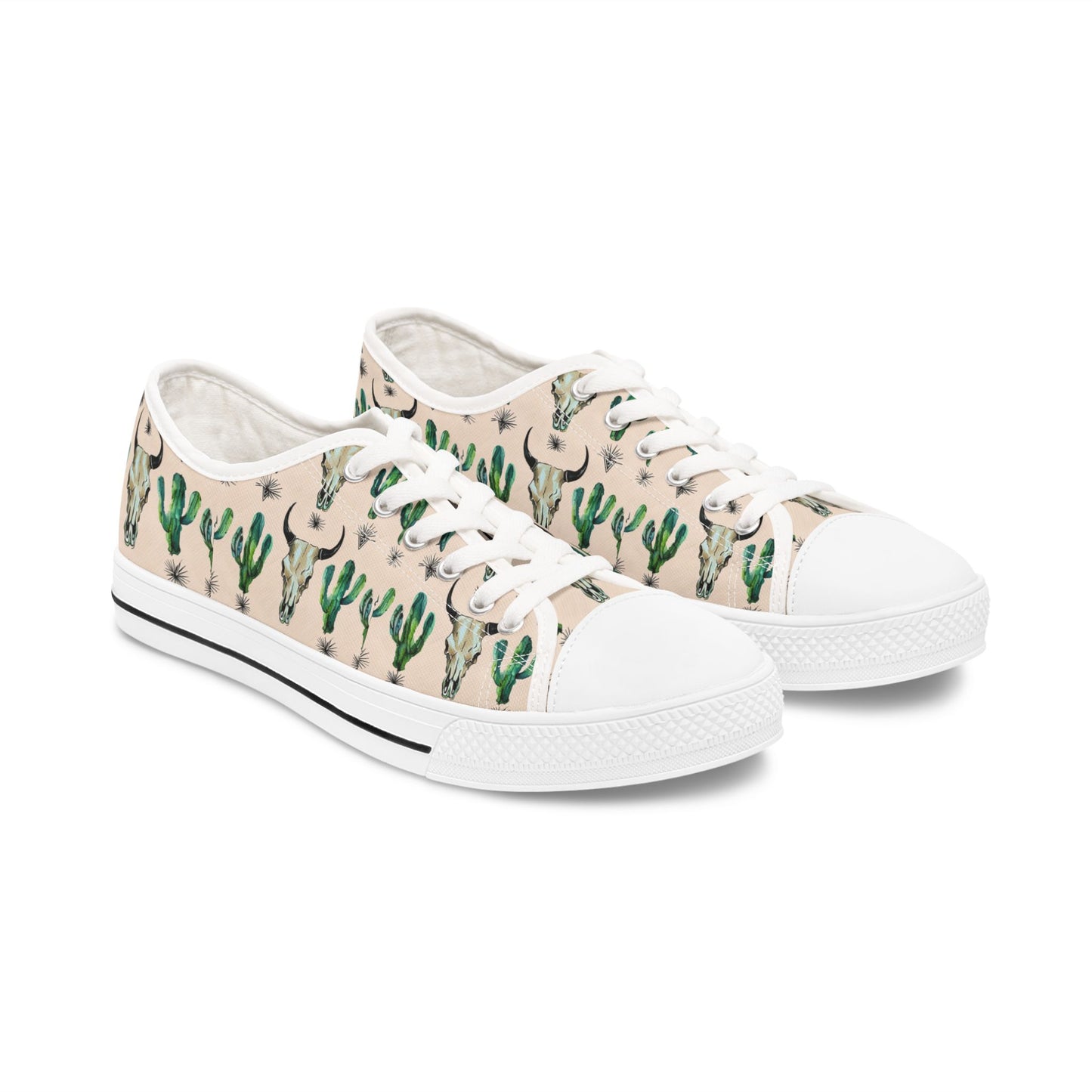 Cow Skull & Cactus Low Top Sneakers — Southwestern Desert Print Casual Shoes