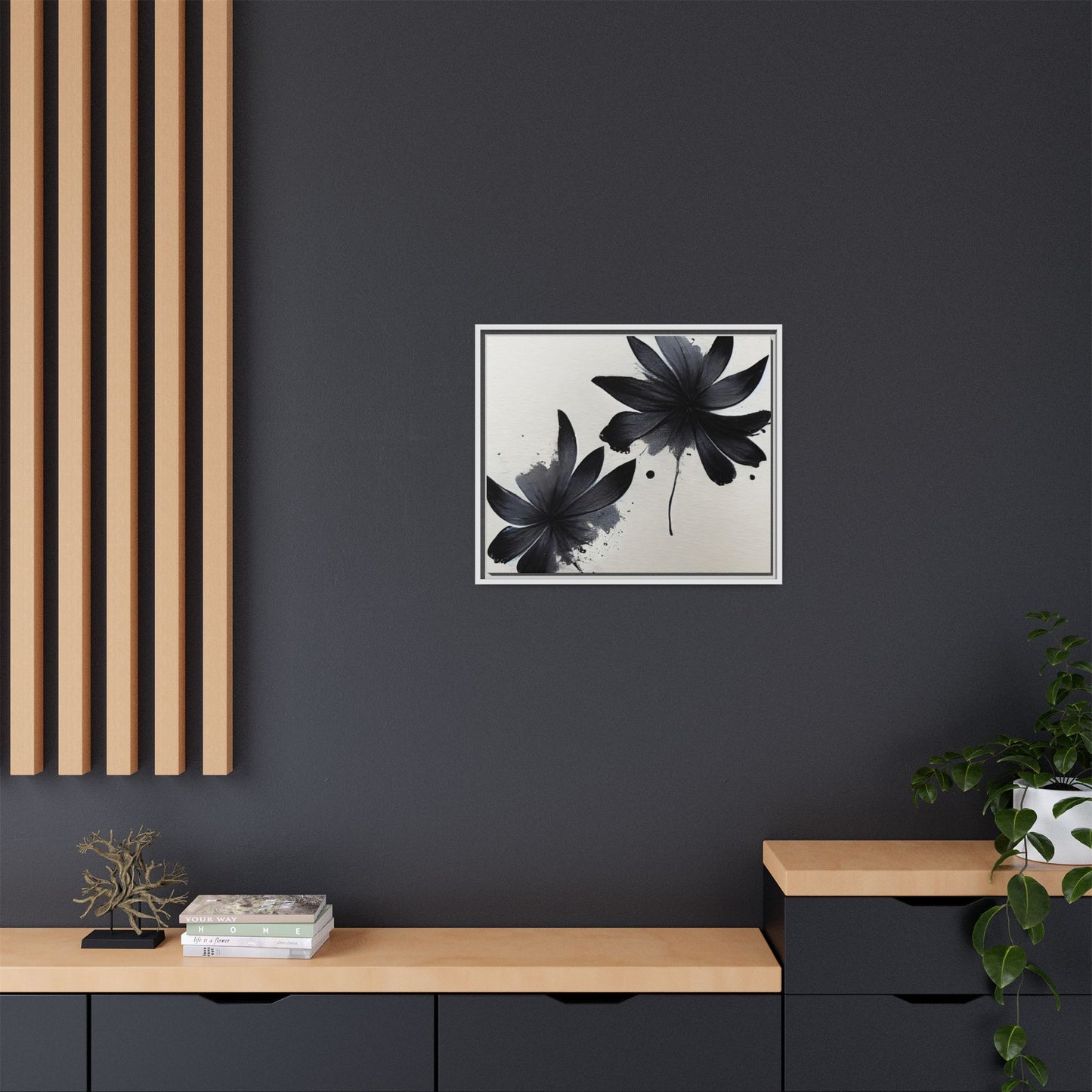 Framed Black Floral Matte Canvas Wall Art — Monochrome Botanical Print