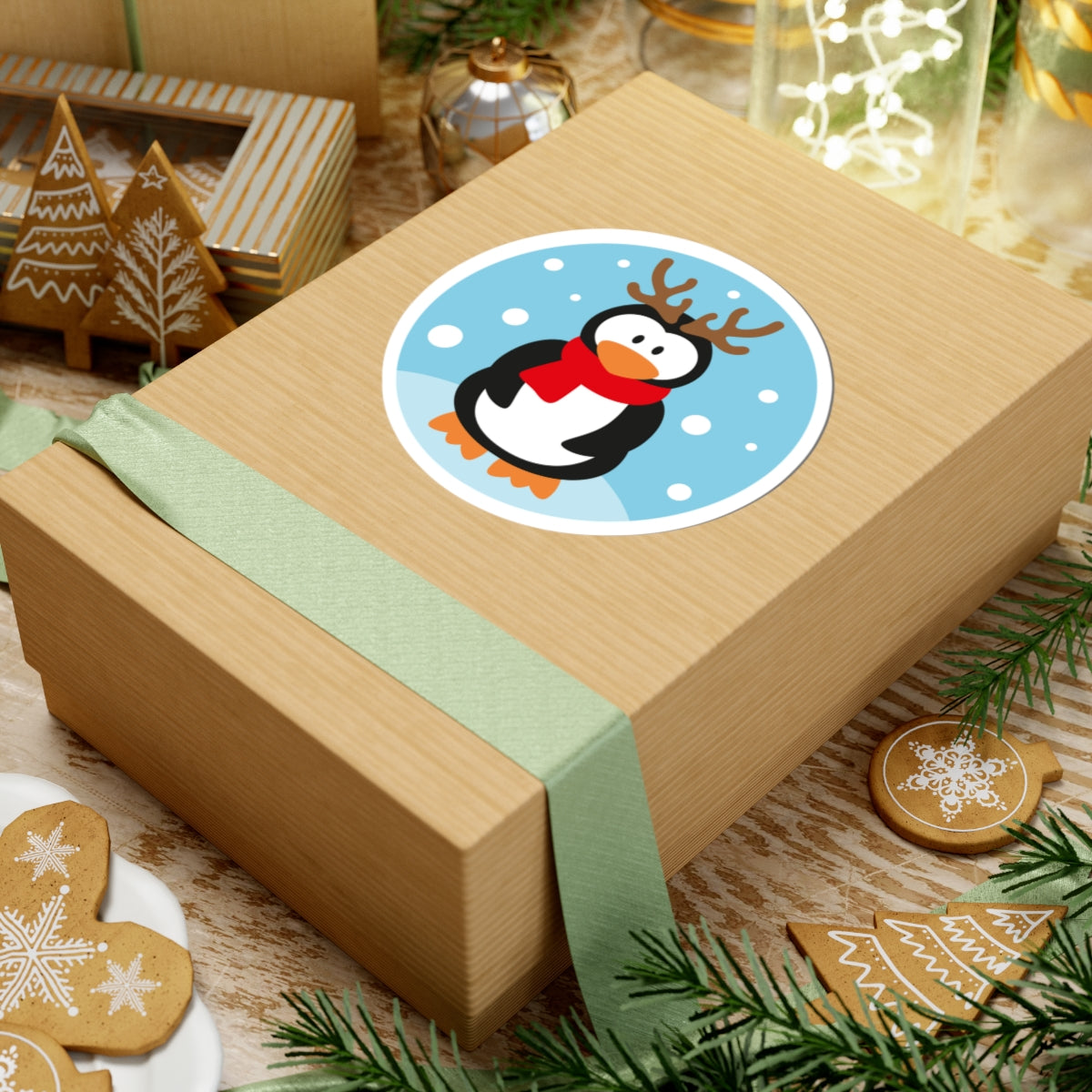 Cute Penguin with Reindeer Antlers Kiss-Cut Sticker — Winter Holiday Snow Scene