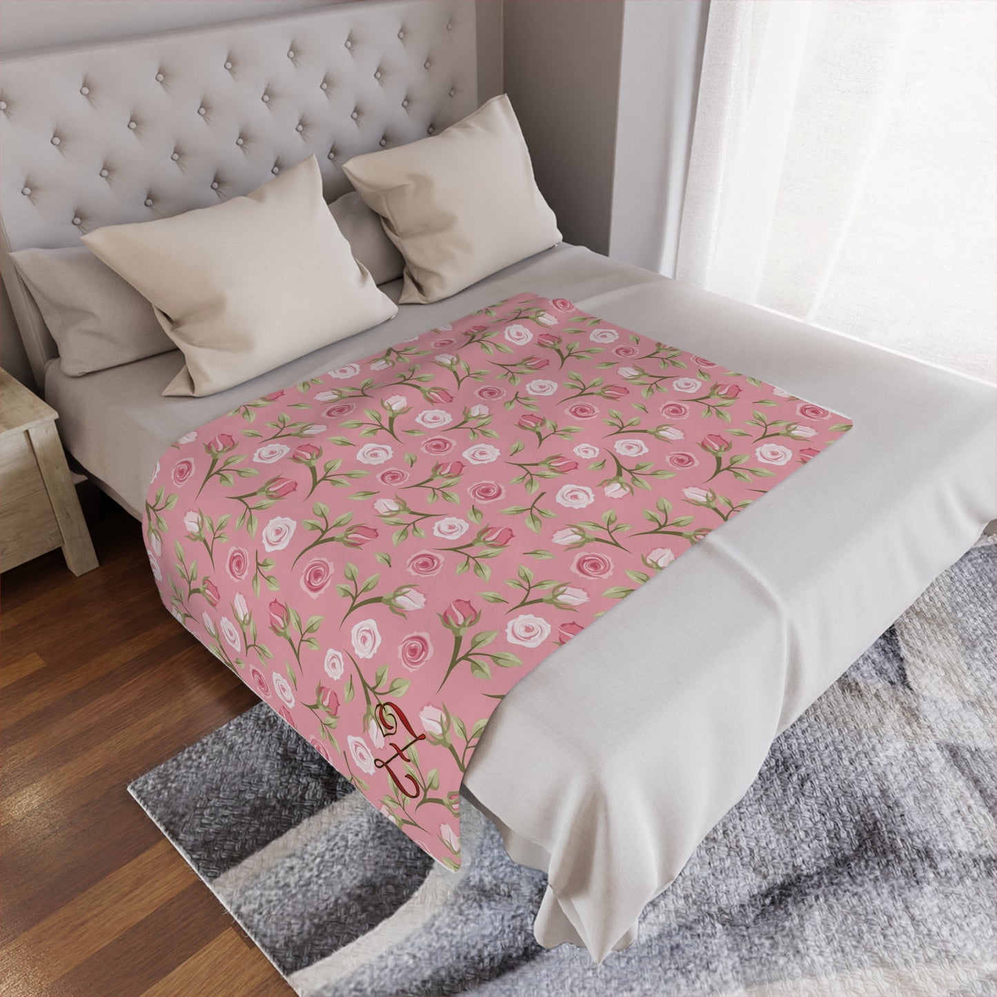 Pink Rose Floral Minky Blanket — Soft Monogrammed "Z" Throw for Nursery, Baby Shower & Gift