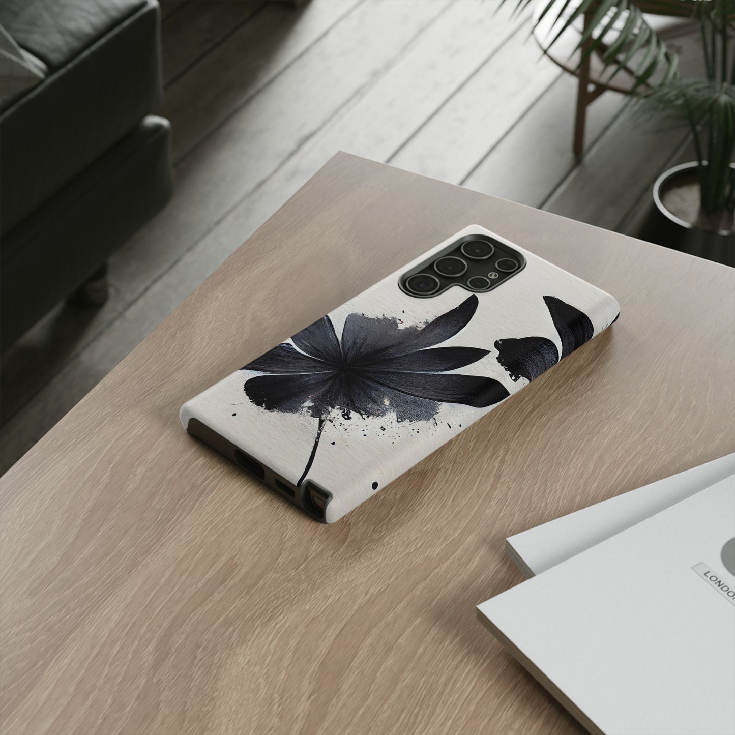 Monochrome Floral Tough Phone Case — Black Ink Flower Protective Cover