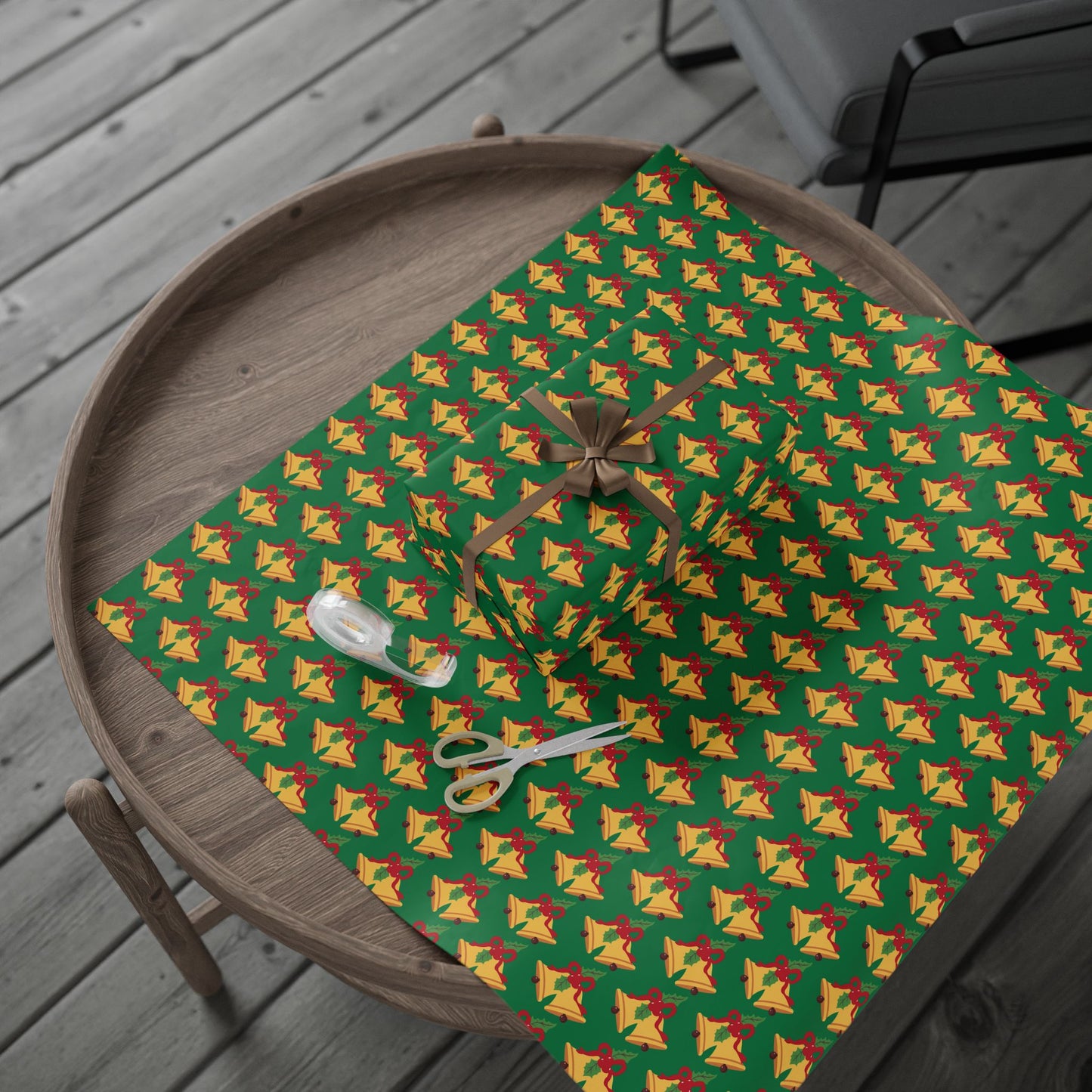 Christmas Bells Wrapping Paper Roll — Green Holly Holiday Gift Wrap