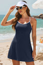 Navy Blue Color Block Edge Ribbed Pocketed Lined Swim Dress