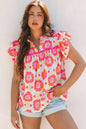 Rose Floral Ruffled Sleeve Ric-rac Trim Split Neck Loose Blouse