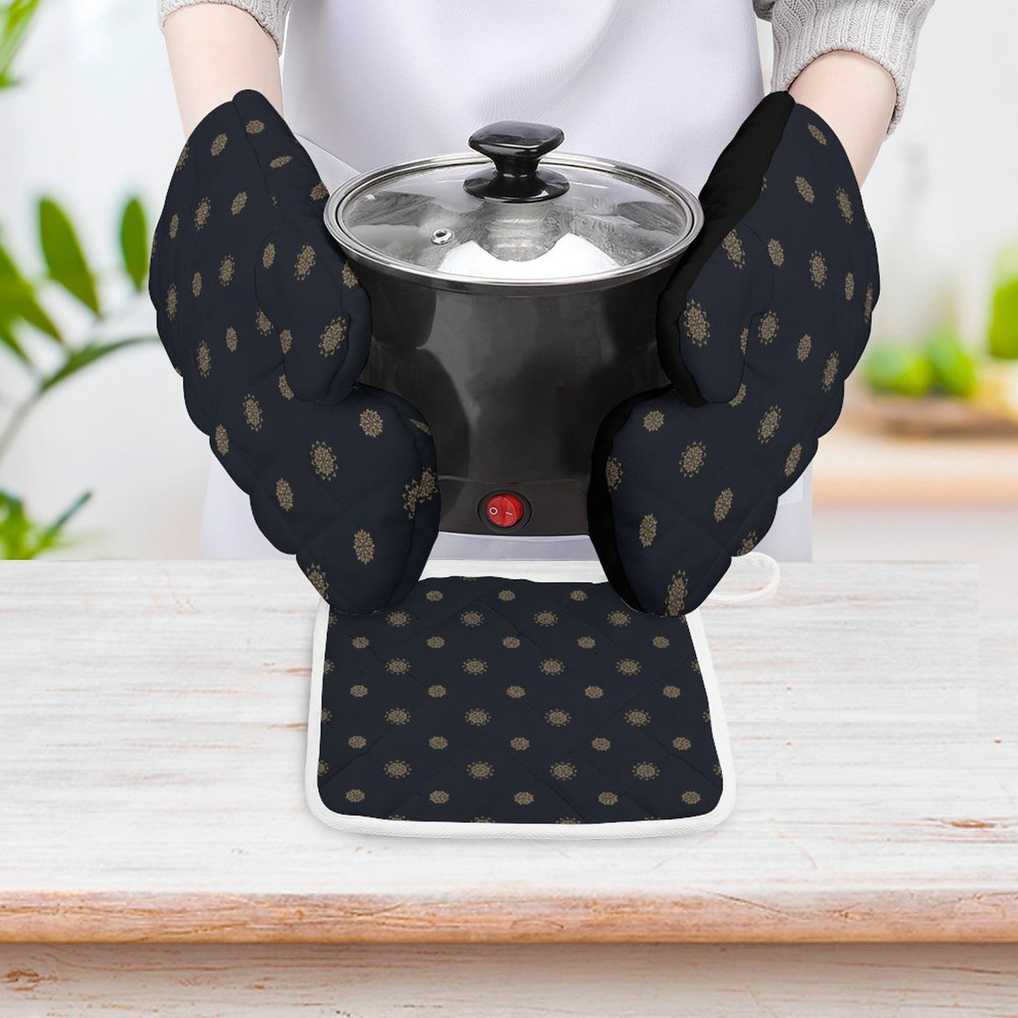 Oven Mitts & Pot Holder Set of 3 - Black & Navy Blue