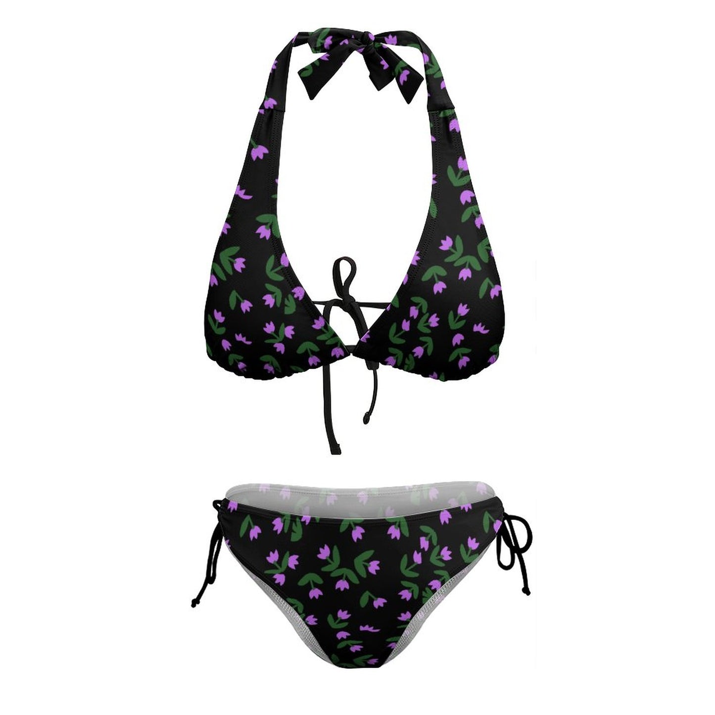 Two Piece Halter Swimsuit Purple Flowers
