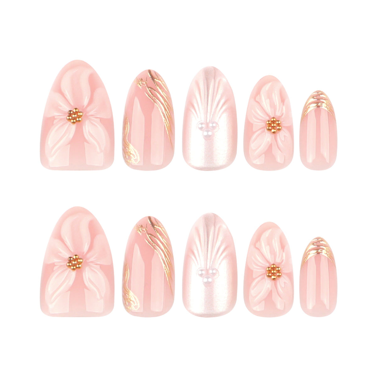 3D three-dimensional flower pearlescent flash short almond press-on nails – Image 5