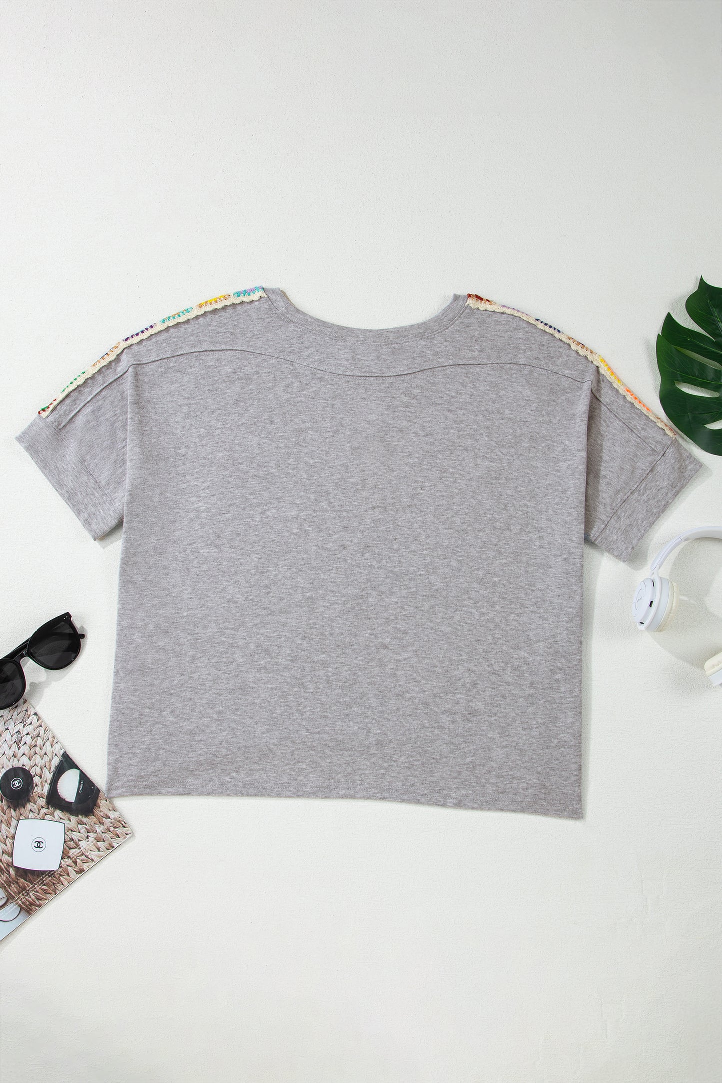 Light Grey Granny Square Crochet Detail Loose T Shirt