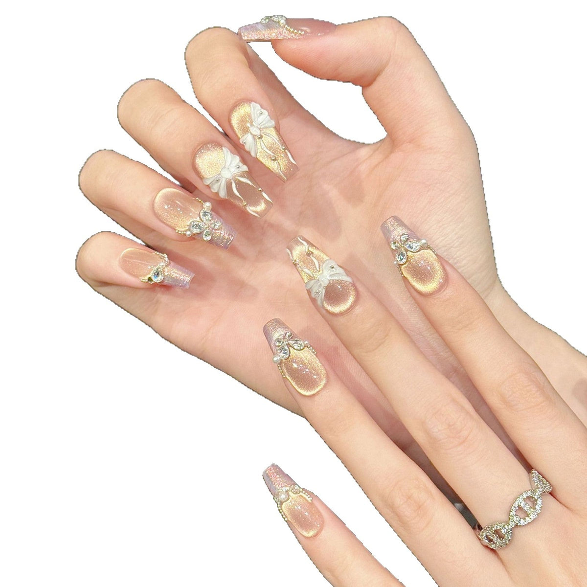 365nails: "Blushing Ballerina" – 3D Bow & Pearl Handmade Medium Almond Nails – Image 5