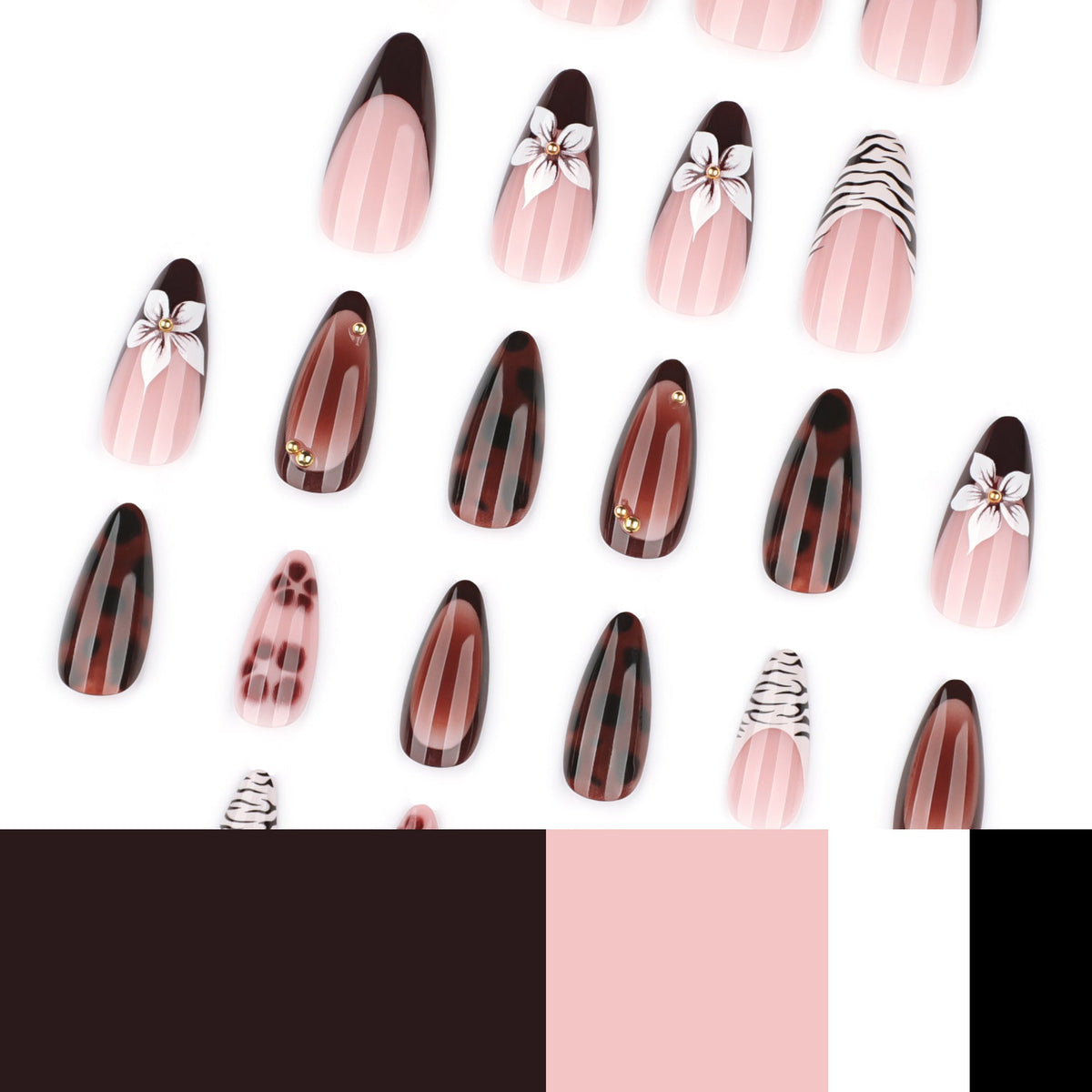 Floral Tortoiseshell and Zebra Accent Glossy Nails – Image 4