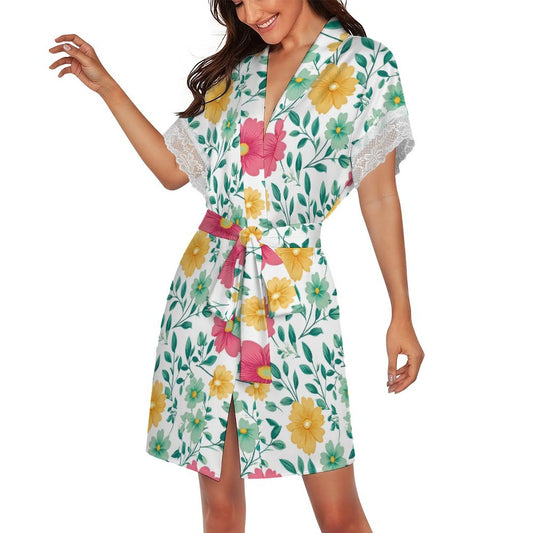 Lace Trimmed Short-Sleeve Robe