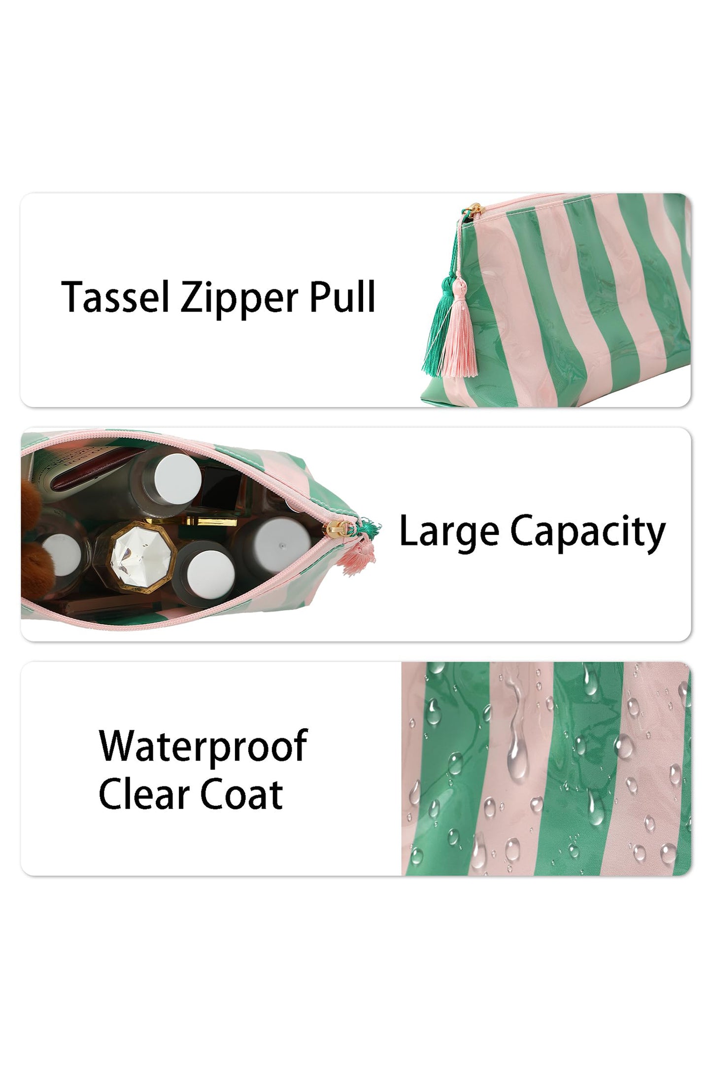 Dark Green Striped Vinyl Waterproof Tassel Zipper Makeup Bag