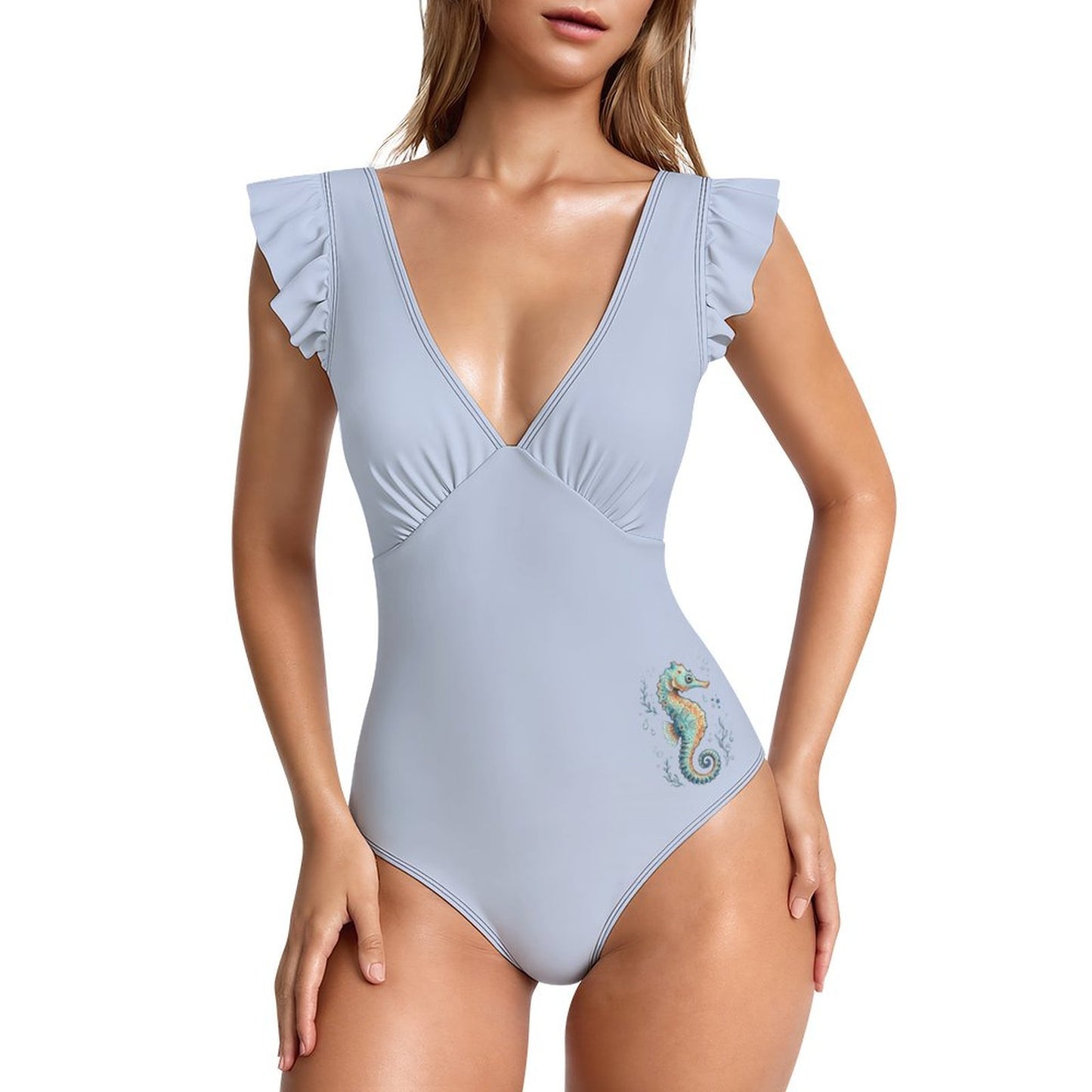 Women's Ruffled Sleeve One Piece Swimsuit Light Blue