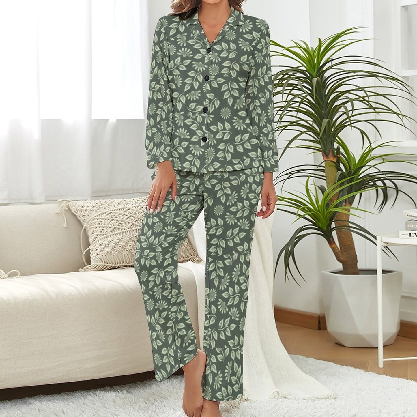 V-Neck Women Night Wear Suit Green Ivy