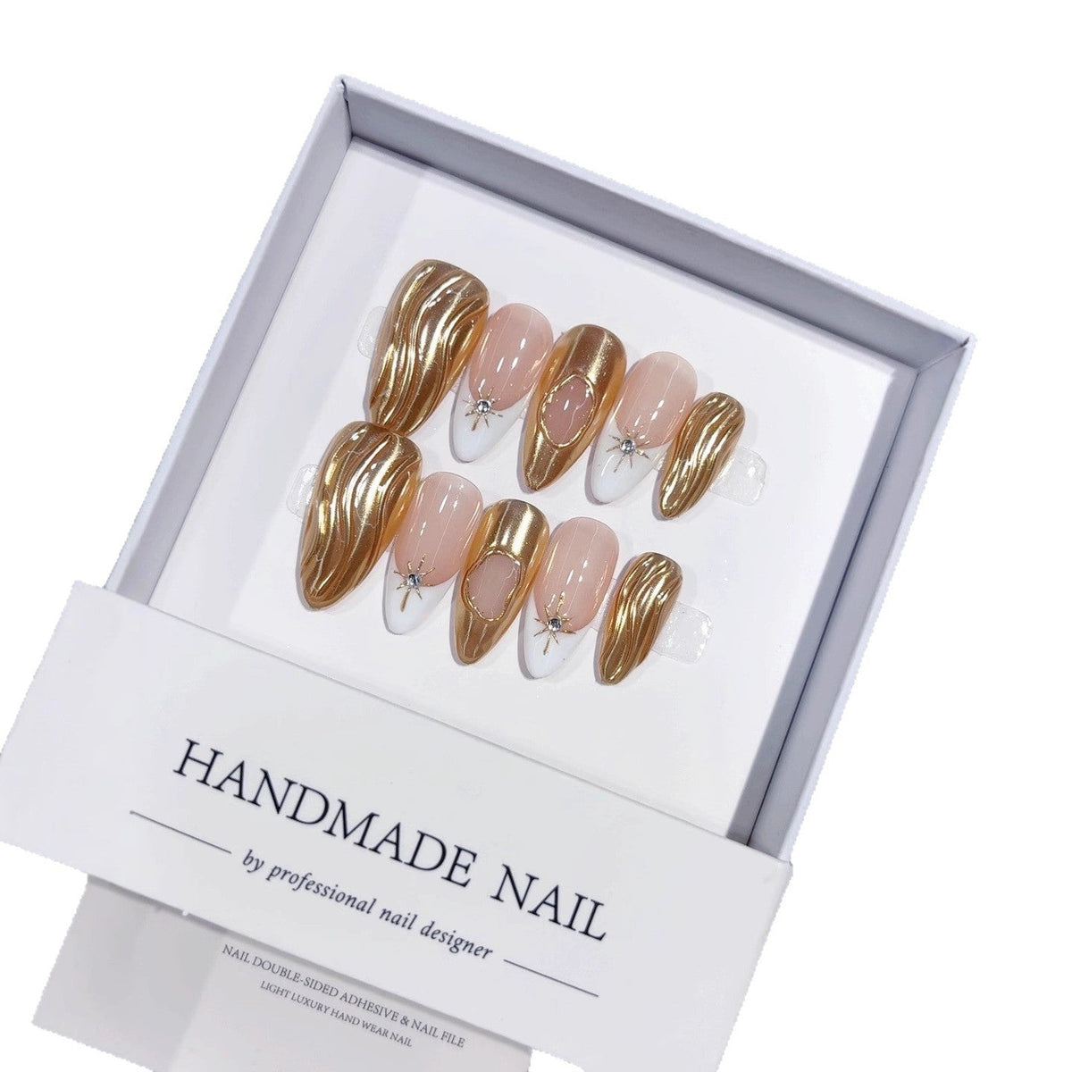 Liquid Gold: "Gilded Wave" – Almond Shape Handmade Press-On Nails – Image 4