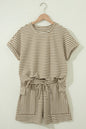 Brown Stripe Breathable Textured Knit Short 2pcs Set