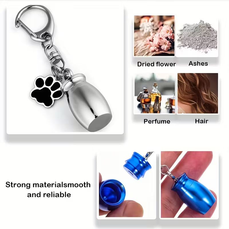 Metal Urn Pendant Suitable for Dog & Cat Cremation Urn with Filling Tools - Paw Print Ash Keepsake Keychain, Memorial Cylinder for Pet Ashes, Cremation Jewelry for Ashes Preservation