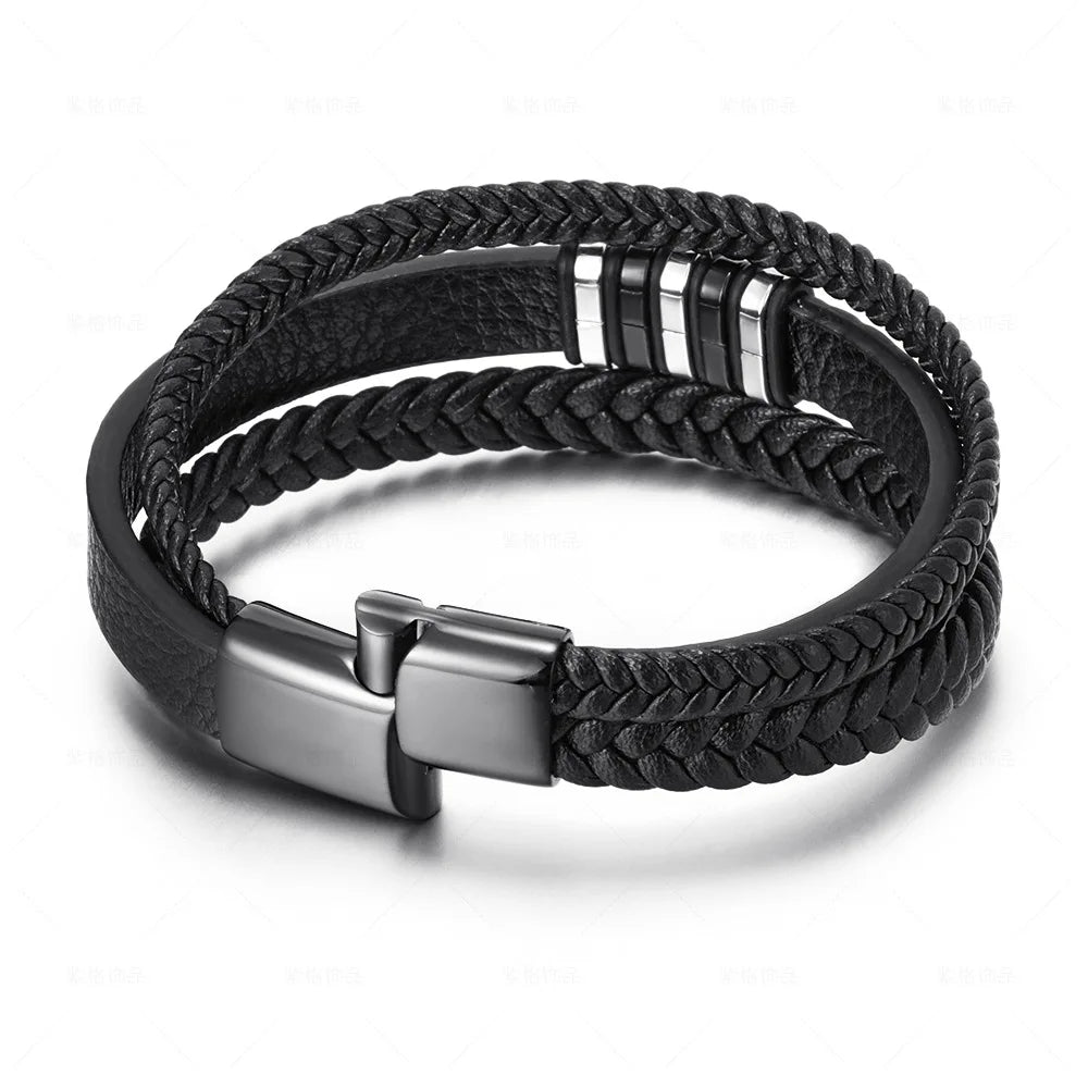 Mens Leather Bracelet with Clasp Cowhide Multi-Layer Braided Leather Mens Bracelet