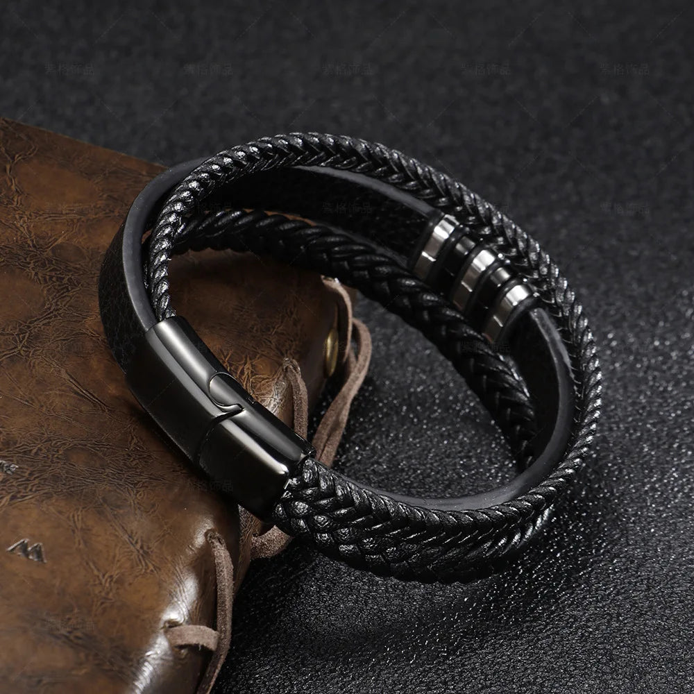 Mens Leather Bracelet with Clasp Cowhide Multi-Layer Braided Leather Mens Bracelet