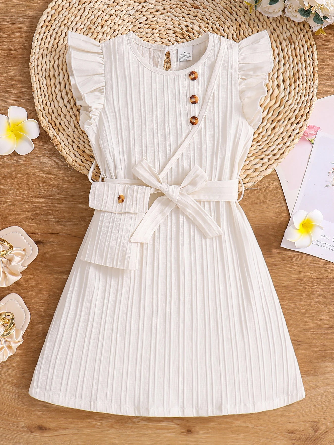 Spring and summer girls fashion vacation casual solid color round neck flying sleeve dress summer clothing + small satchel