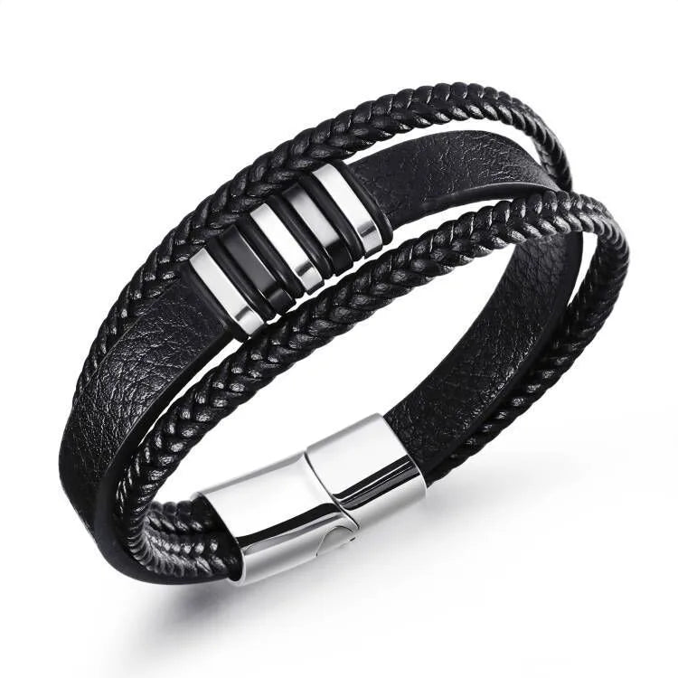 Mens Leather Bracelet with Clasp Cowhide Multi-Layer Braided Leather Mens Bracelet