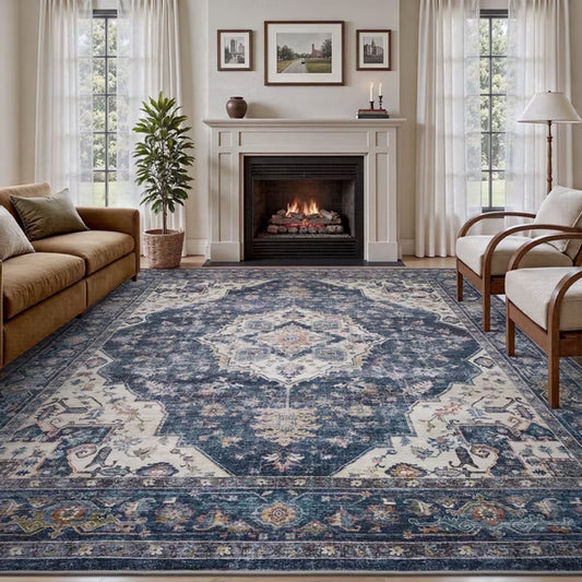 SIXHOME 9'x12' Area Rugs for Living Room, Washable Vintage Retro Rug, Soft Distressed Indoor Carpet, Neutral Non-Slip Area Rug for Bedroom, Dark Blue