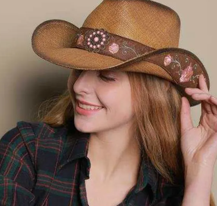 Western Cowboy Straw Hat Women Breathable Sun Protection Wide Brim With Flower Embroidery Bead Decor Adjustable Rope