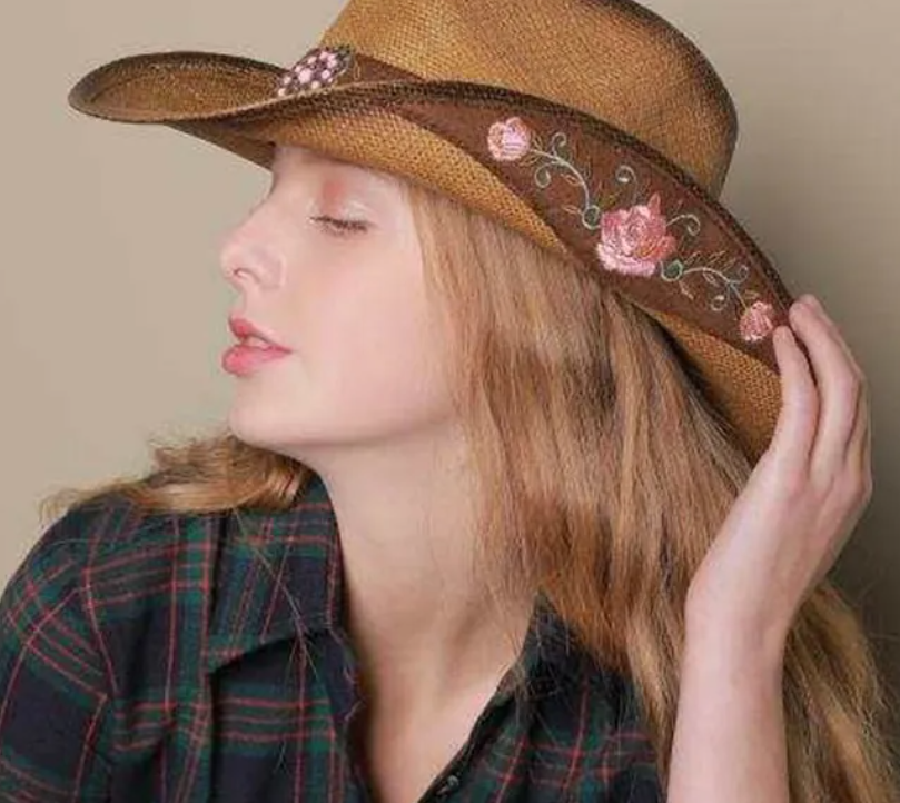 Western Cowboy Straw Hat Women Breathable Sun Protection Wide Brim With Flower Embroidery Bead Decor Adjustable Rope