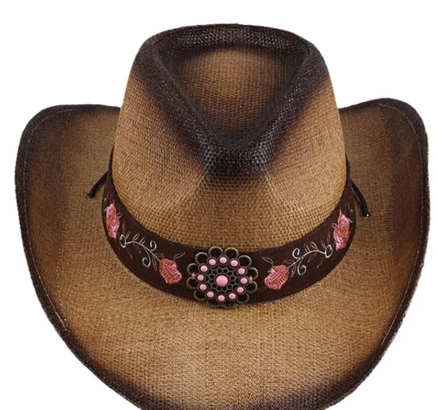 Western Cowboy Straw Hat Women Breathable Sun Protection Wide Brim With Flower Embroidery Bead Decor Adjustable Rope