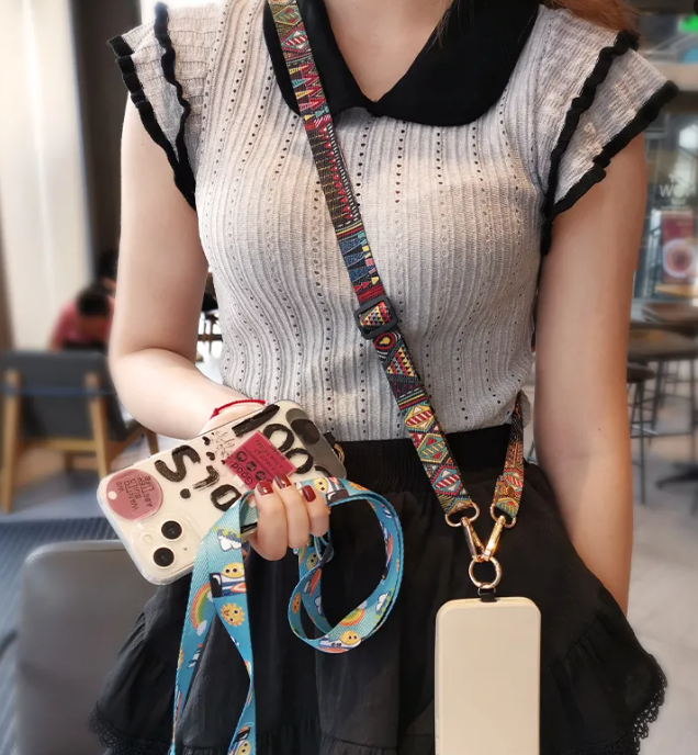 Adjustable Crossbody Phone Lanyard Neck Strap Tribal Retro Bohemian Pattern Fabric Hanging Chain With Metal Hook For Smartphone.