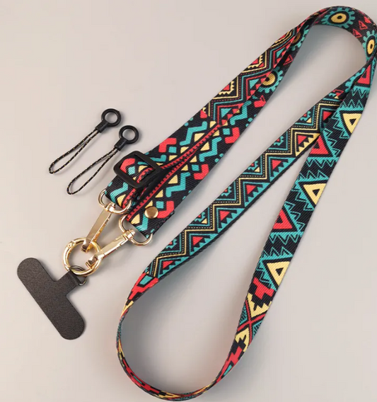 Adjustable Crossbody Phone Lanyard Neck Strap Tribal Retro Bohemian Pattern Fabric Hanging Chain With Metal Hook For Smartphone.