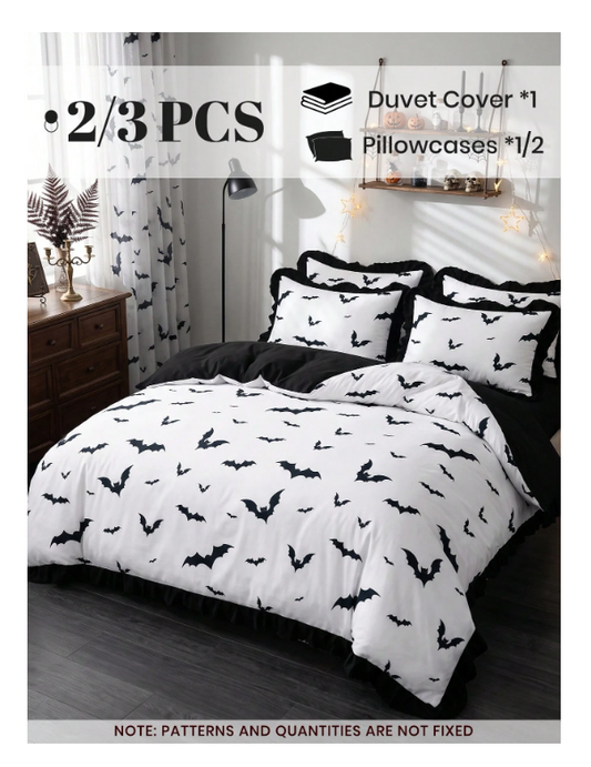 3pcs Ruffle Duvet Cover Set, Halloween Black Bat Bedding, Cozy Room Decor, Skin-Friendly Breathable, Ultra Soft Anti-Pilling, No Duvet Insert, Suitable For Twin/Full/Queen/King Size Bed, All Season, Machine Washable