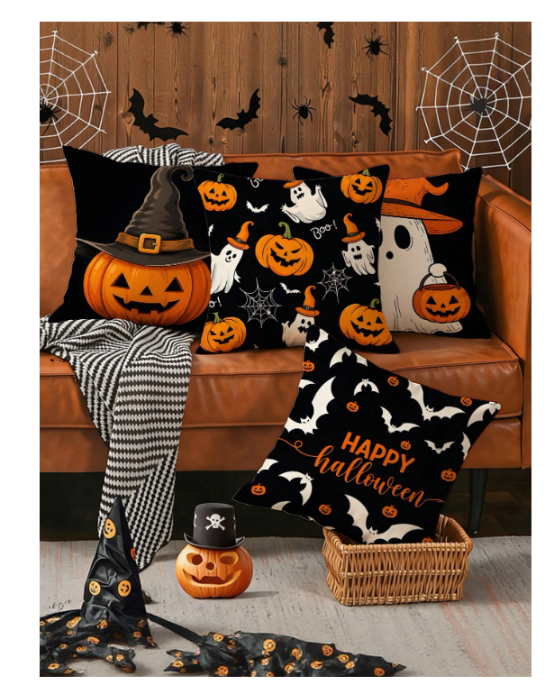4pcs Halloween Pillow Covers, Polyester Material, Suitable For Living Room, Ghost, Bat, Pumpkin Pattern Decorative Cushions (18x18 Inches), Suitable For Room, Halloween Decoration (Pillow Inserts Not Included)