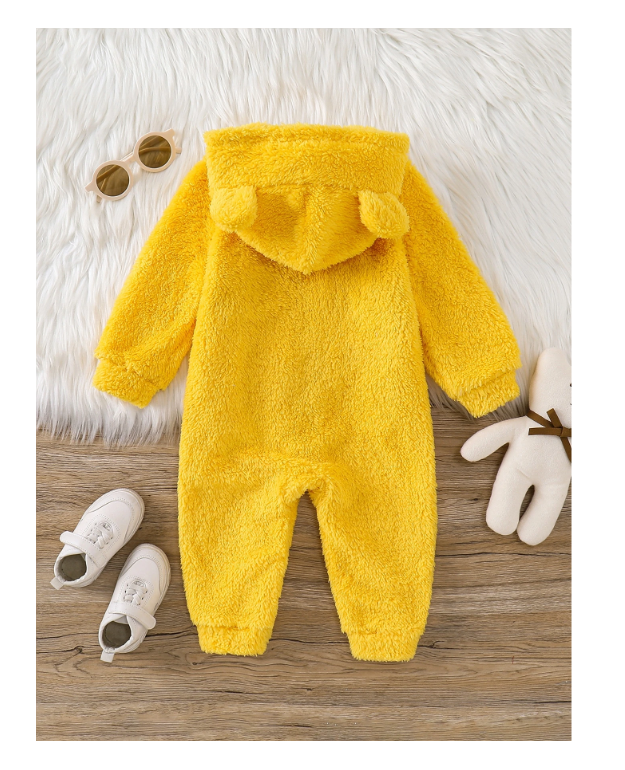 SHEIN Baby Boy Two Tone 3D Ears Design Hooded Flannel Autumn Winter Jumpsuit