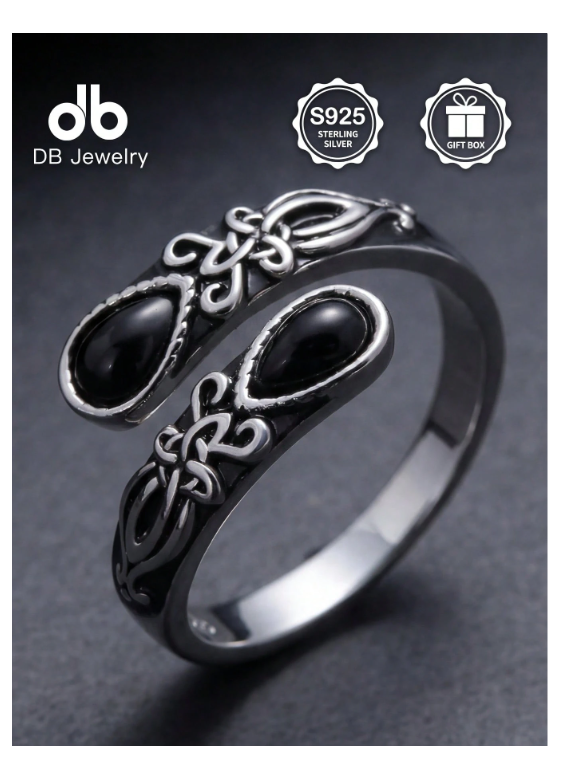 S925 Sterling Silver Black Agate Spoon Ring With Gift Box